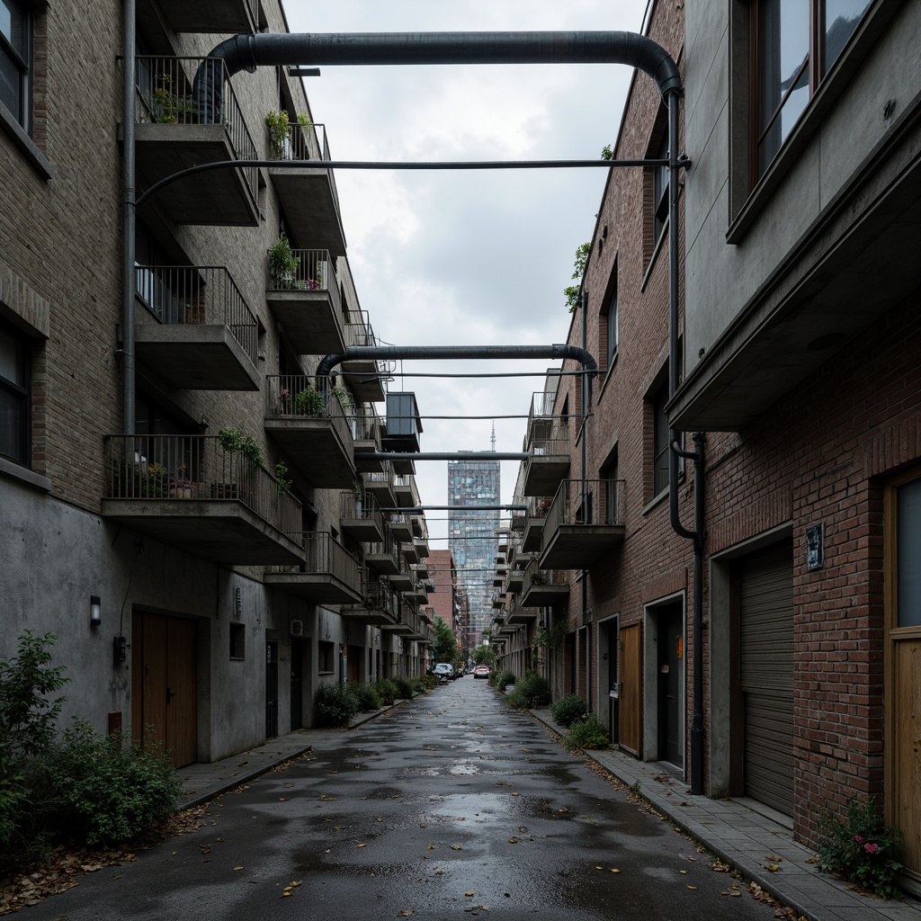 Prompt: Rough concrete walls, exposed ductwork, industrial metal beams, raw brick facades, brutalist fortress-like structures, rugged stone foundations, distressed wood accents, weathered steel surfaces, urban cityscape backdrop, overcast skies, dramatic shadows, high-contrast lighting, cinematic composition, gritty realistic textures, ambient occlusion.