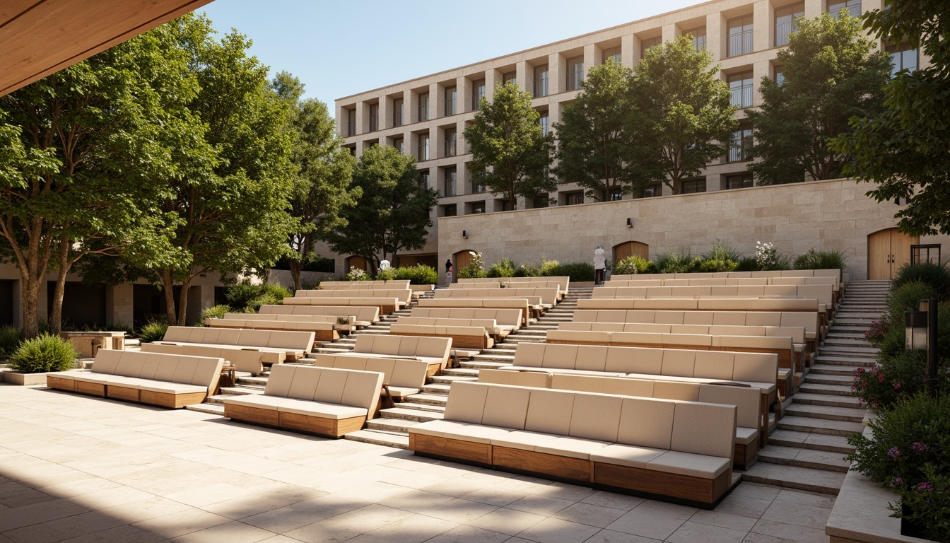 Prompt: Amphitheater seating area, minimalist design, sleek metal frames, curved rows, stepped platforms, wooden benches, comfortable cushions, subtle lighting, warm beige tones, natural stone flooring, modern architecture, open-air atmosphere, lush greenery surroundings, sunny day, soft warm lighting, shallow depth of field, 3/4 composition, panoramic view, realistic textures, ambient occlusion.