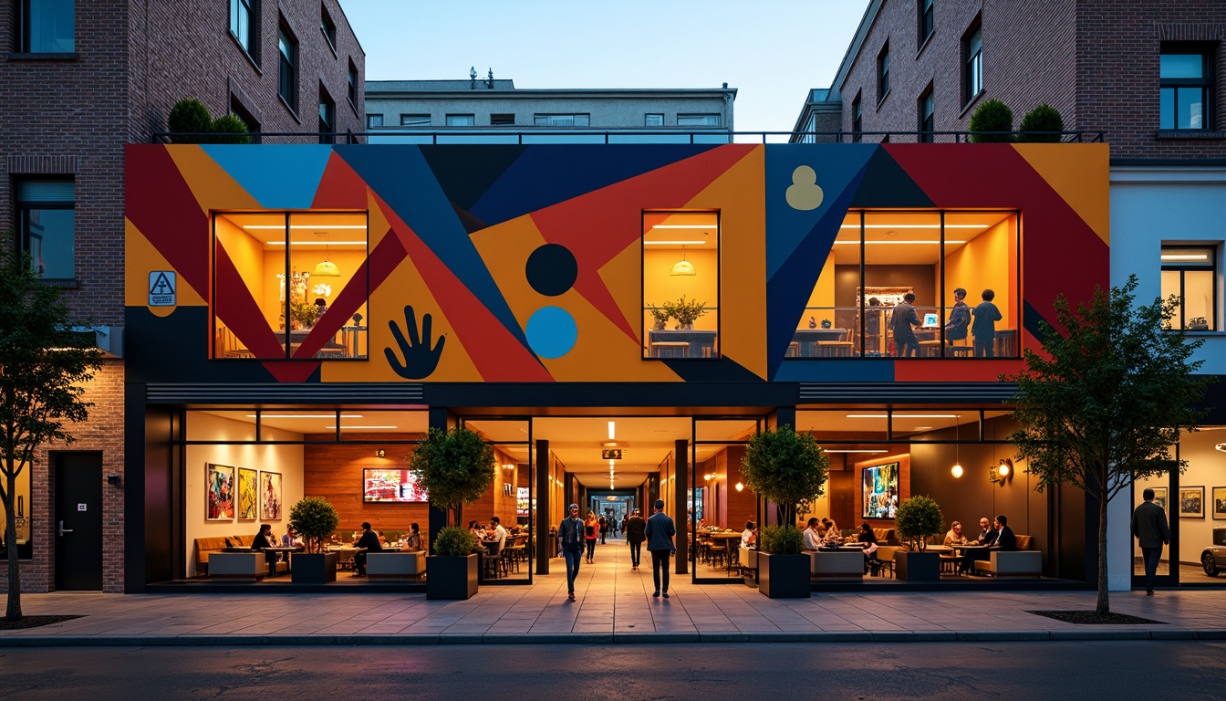 Prompt: Vibrant restaurant facade, expressionist architecture, bold geometric shapes, bright primary colors, abstract patterns, irregular forms, dynamic lighting effects, neon signs, metallic accents, industrial materials, exposed ductwork, urban cityscape, bustling streets, evening atmosphere, warm golden lighting, shallow depth of field, 1/1 composition, dramatic shadows, high-contrast textures.