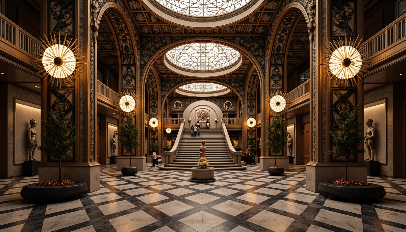 Prompt: Intricate geometric patterns, ornate metalwork, luxurious marble surfaces, grandiose statues, symmetrical compositions, opulent chandeliers, lavish mosaics, bold typography, stylized florals, zigzag motifs, chevron designs, metallic accents, glossy finishes, sunburst patterns, stepped silhouettes, monumental scale, dramatic lighting, low-angle view, cinematic composition, high-contrast colors, ornate fountains, grand staircases.