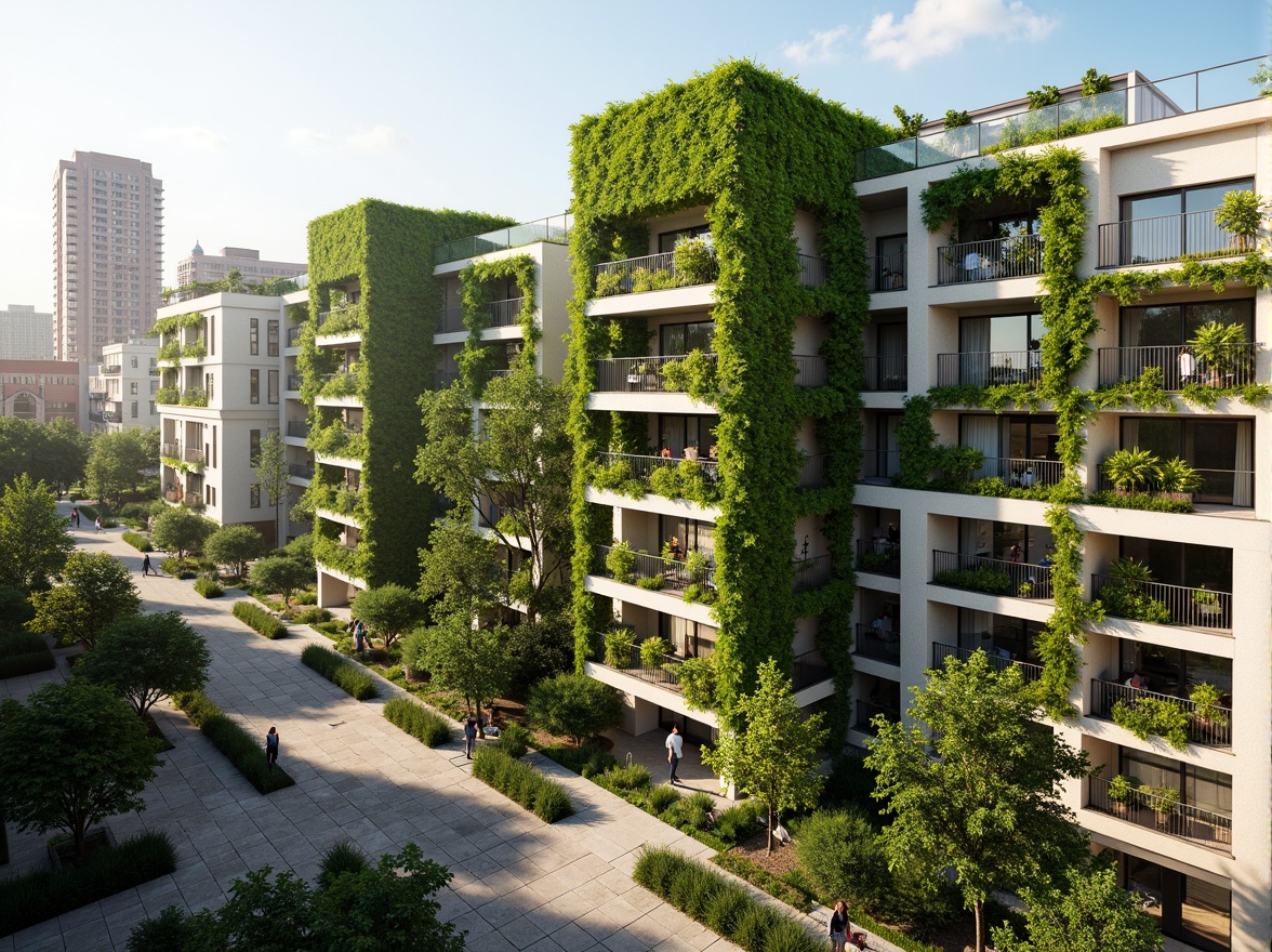 Prompt: Vibrant green walls, living facades, lush vegetation, modern sustainable architecture, eco-friendly materials, energy-efficient systems, solar panels, wind turbines, rainwater harvesting systems, green roofs, vertical gardens, trellis structures, natural stone cladding, reclaimed wood accents, large windows, glass balconies, cantilevered overhangs, minimalist design, futuristic aesthetic, urban cityscape, sunny day, soft warm lighting, shallow depth of field, 3/4 composition, panoramic view, realistic textures, ambient occlusion.