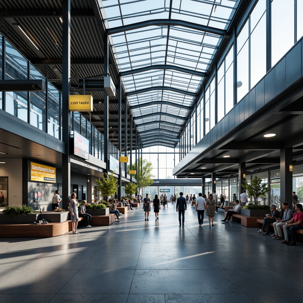 Prompt: Modern bus station interior, sleek metal framework, glass roofs, natural light pouring in, efficient passenger flow, clear signage, digital displays, comfortable seating areas, ample legroom, charging stations, minimalist decor, industrial-style flooring, urban atmosphere, busy morning commute, soft overhead lighting, shallow depth of field, 1/1 composition, realistic textures, ambient occlusion.