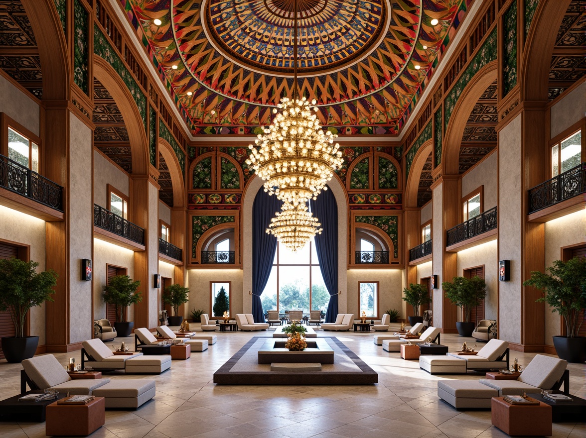 Prompt: Vibrant Islamic-inspired architecture, intricate geometric motifs, ornate tile work, symmetrical compositions, bold colorful accents, luxurious textiles, opulent furnishings, grandiose chandeliers, lavish decorations, majestic archways, sophisticated interior design, elegant curves, futuristic materials, metallic surfaces, ambient lighting, shallow depth of field, 3/4 composition, panoramic view, realistic textures, ambient occlusion.