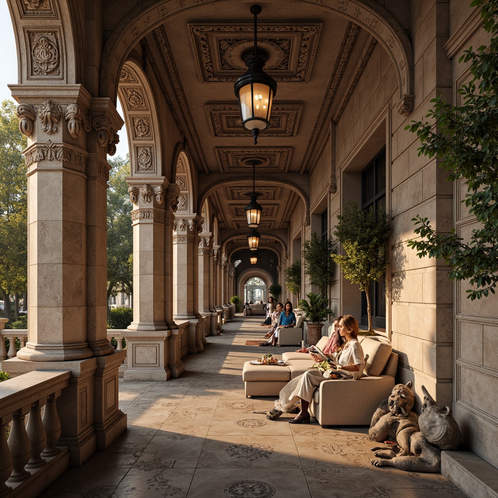 Prompt: Intricate stone carvings, ornate balustrades, grand arches, rustic stonework, weathered statues, mythological creatures, floral patterns, curved lines, ornamental lanterns, decorative railings, classical columns, carved keystones, rusticated quoins, symmetrical composition, warm golden lighting, soft focus, shallow depth of field, 2/3 composition, atmospheric perspective.