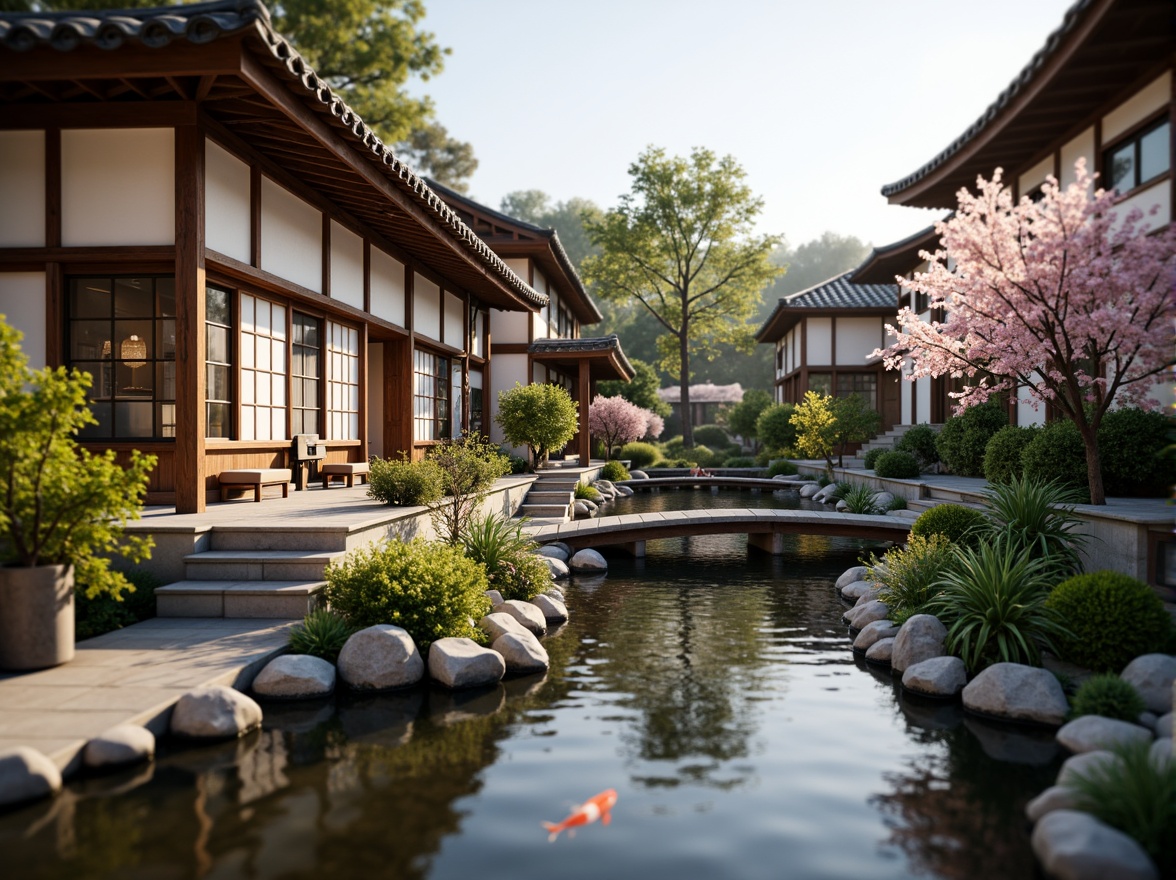 Prompt: Traditional Japanese architecture, curved tiled roofs, sliding shoji screens, natural wood accents, paper lanterns, bonsai trees, serene water features, koi ponds, stone walkways, rustic wooden bridges, vibrant greenery, cherry blossom trees, warm soft lighting, shallow depth of field, 3/4 composition, panoramic view, realistic textures, ambient occlusion.