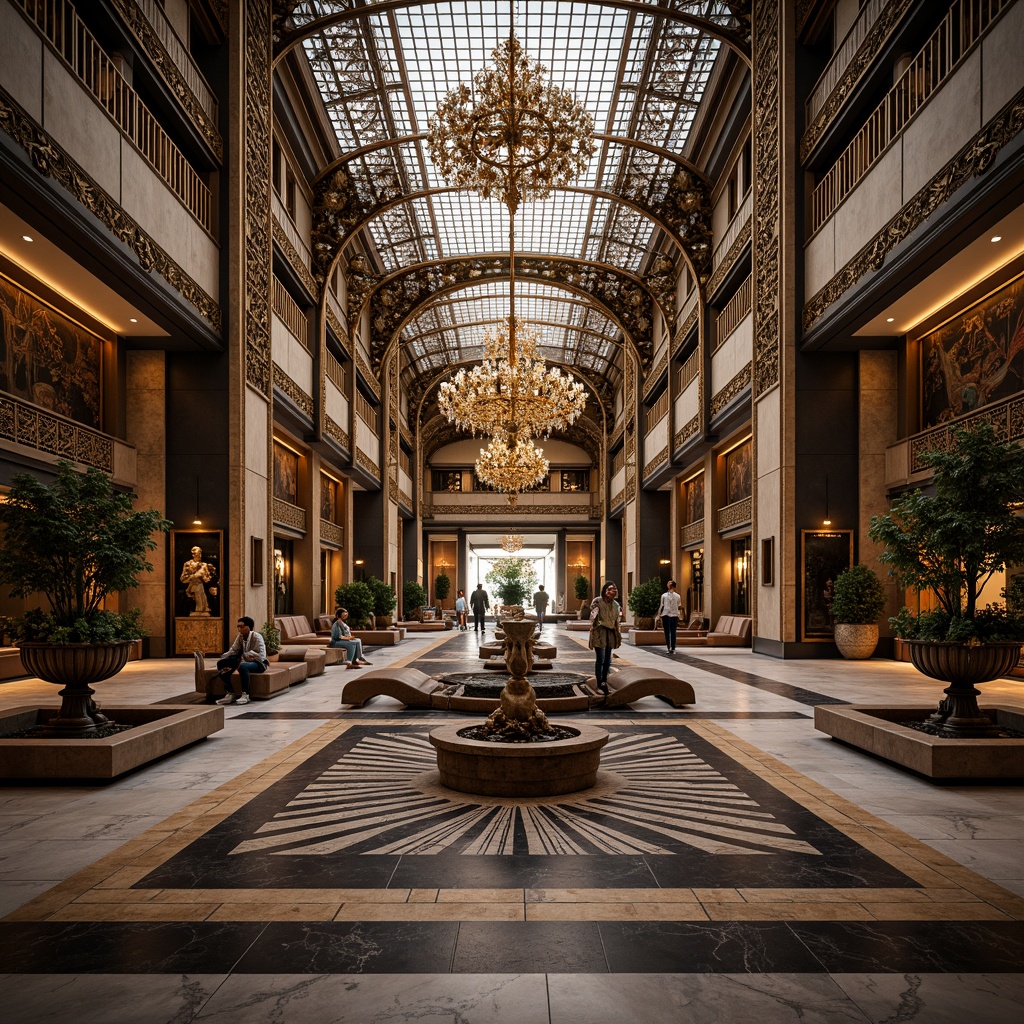 Prompt: Intricate geometric patterns, ornate metalwork, luxurious marble surfaces, grandiose statues, symmetrical compositions, opulent chandeliers, lavish mosaics, bold typography, stylized florals, zigzag motifs, chevron designs, metallic accents, glossy finishes, sunburst patterns, stepped silhouettes, monumental scale, dramatic lighting, low-angle view, cinematic composition, high-contrast colors, ornate fountains, grand staircases.