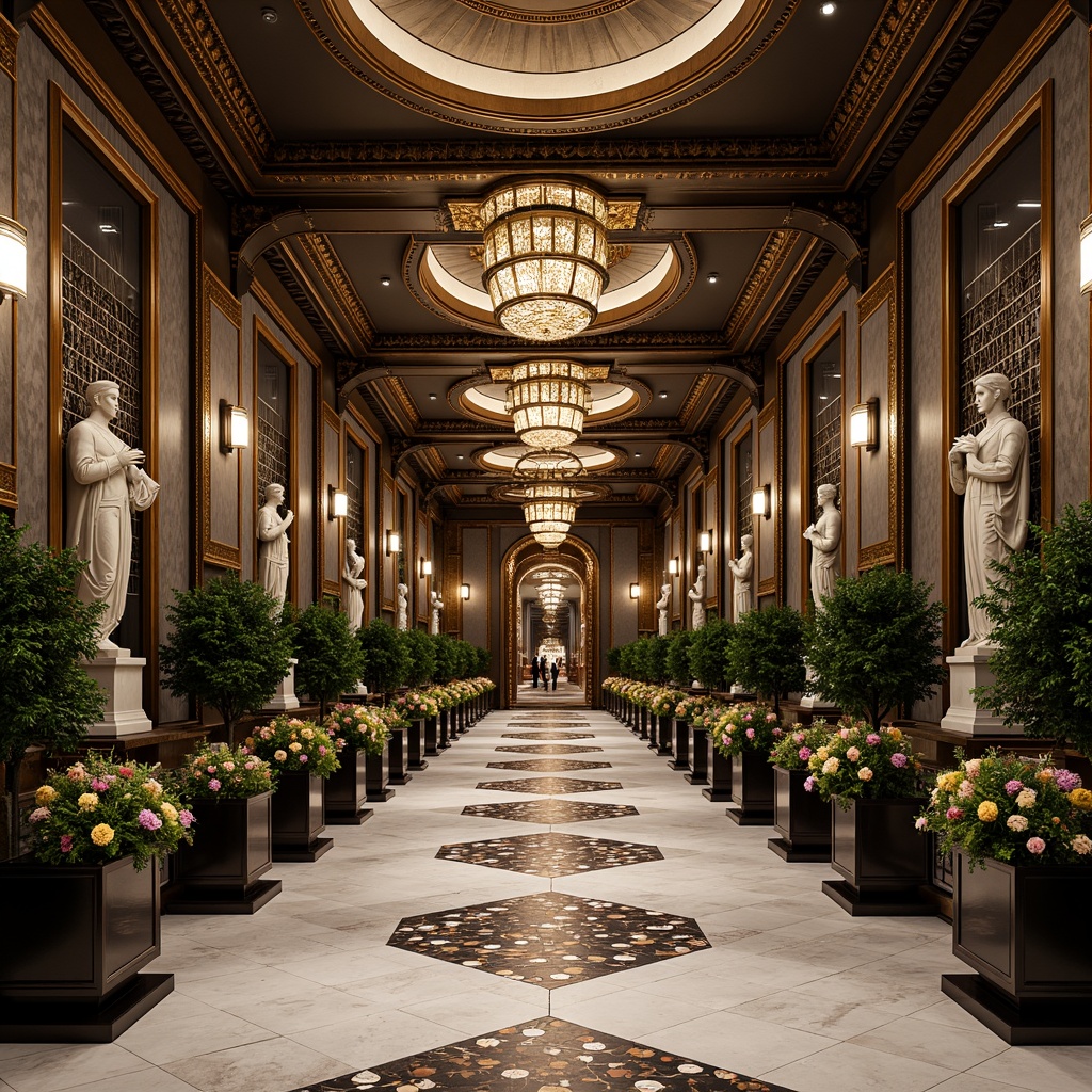 Prompt: Intricate geometric patterns, ornate metalwork, luxurious marble surfaces, grandiose statues, symmetrical compositions, opulent chandeliers, lavish mosaics, bold typography, stylized florals, zigzag motifs, chevron designs, sunburst patterns, metallic accents, polished chrome details, rich jewel tones, dramatic lighting effects, low-angle photography, cinematic atmosphere, high-contrast rendering, detailed textures, realistic reflections.