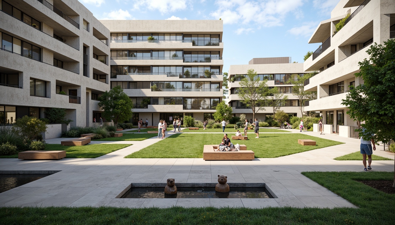 Prompt: Rugged concrete buildings, brutalist architecture, open plazas, sprawling green lawns, abstract sculptures, modern art installations, industrial-style benches, exposed ductwork, raw concrete textures, dramatic shading, harsh overhead lighting, 1/1 composition, symmetrical framing, bold color accents, urban landscape, educational signage, pedestrian walkways, bike racks, minimalist landscaping, functional water features, angular staircases, cantilevered structures.