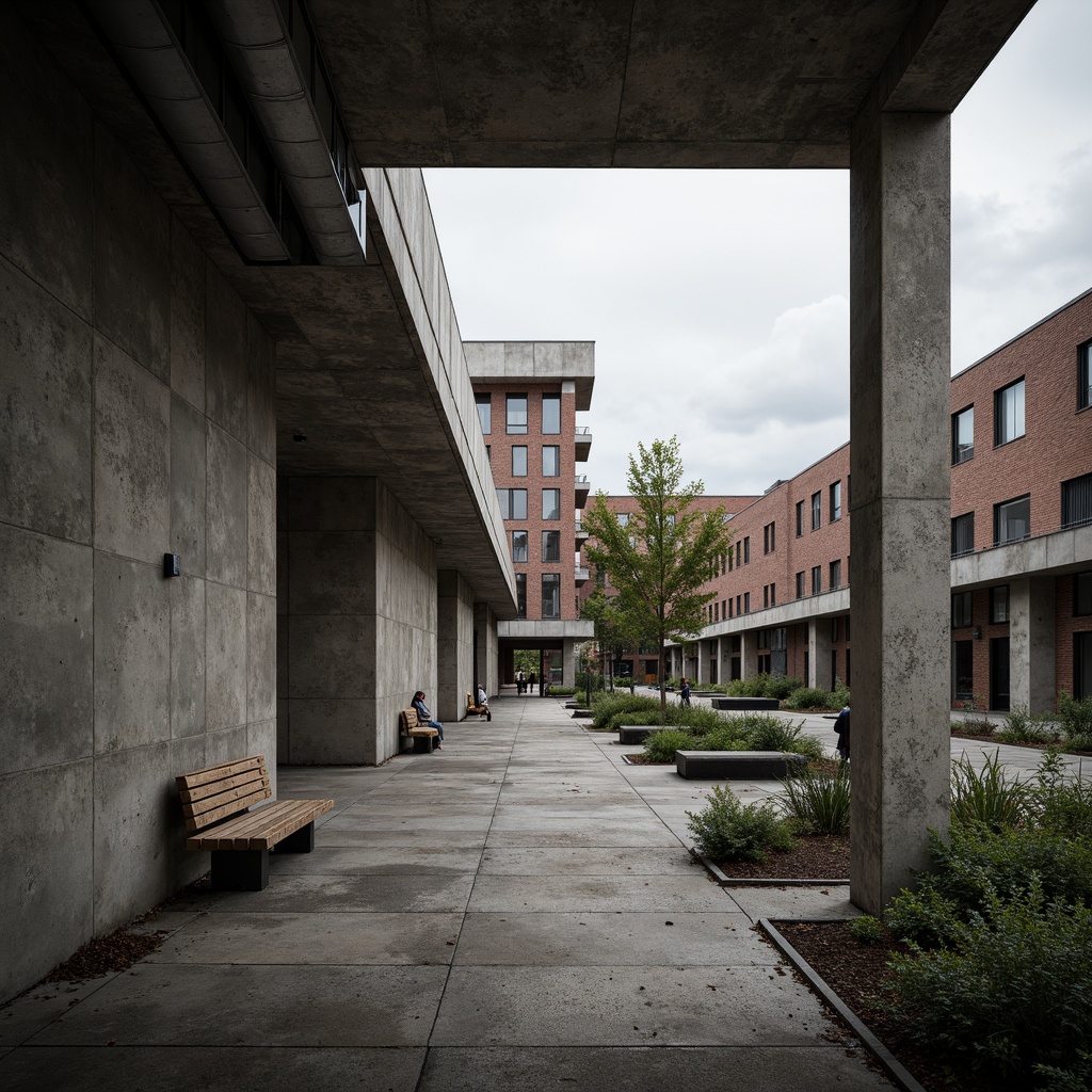 Prompt: Rough-hewn concrete walls, exposed ductwork, industrial metal beams, raw brick facades, brutalist campus buildings, rugged stone pathways, weathered wooden benches, distressed metal railings, urban landscape, overcast skies, dramatic shadows, high-contrast lighting, abstract compositions, moody atmospheric effects, realistic material textures, ambient occlusion.