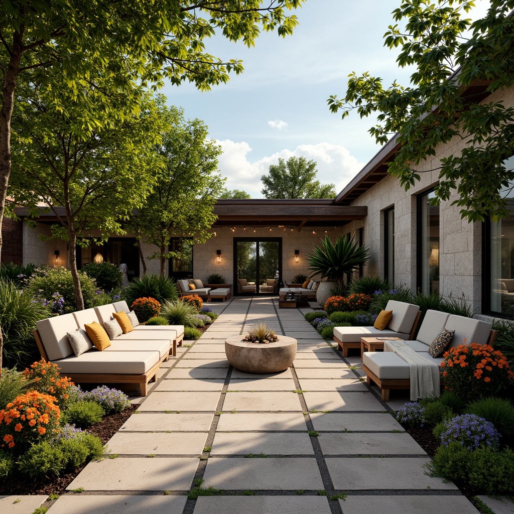 Prompt: Cozy patio, lush greenery, vibrant flowers, comfortable seating areas, wooden benches, rustic stone walls, warm string lights, soft cushions, natural textiles, earthy color palette, serene ambiance, gentle breeze, sunny afternoon, shallow depth of field, 3/4 composition, panoramic view, realistic textures, ambient occlusion.