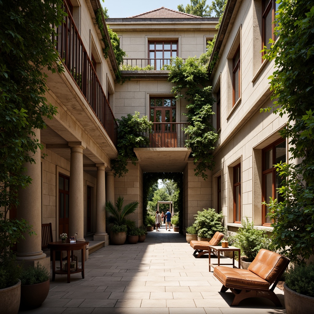 Prompt: Traditional university buildings, ivy-covered walls, ornate stone carvings, rich wood tones, warm beige stucco, classic columns, elegant archways, sophisticated neutral colors, earthy brown furniture, vintage leather-bound books, subtle golden accents, soft natural lighting, shallow depth of field, 1/1 composition, realistic textures, ambient occlusion.