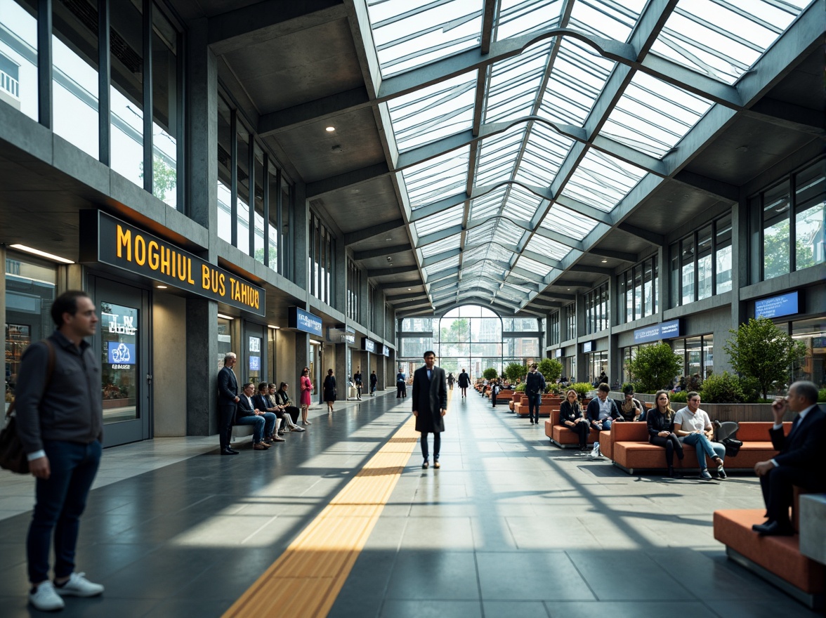 Prompt: Modern bus station interior, sleek metal framework, glass roofs, natural light pouring in, efficient passenger flow, clear signage, digital displays, comfortable seating areas, ample legroom, charging stations, minimalist decor, industrial-style flooring, urban atmosphere, busy morning commute, soft overhead lighting, shallow depth of field, 1/1 composition, realistic textures, ambient occlusion.