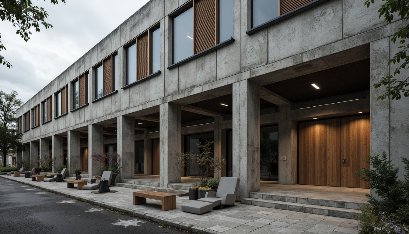 Prompt: Rugged brutalist school building, raw concrete walls, industrial metal beams, exposed ductwork, minimalist decor, functional architecture, earthy tone color palette, muted grays, weathered browns, industrial blues, worn wood accents, distressed textures, urban landscape, overcast skies, dramatic shadows, high contrast lighting, 1/1 composition, symmetrical framing, realistic renderings, ambient occlusion.