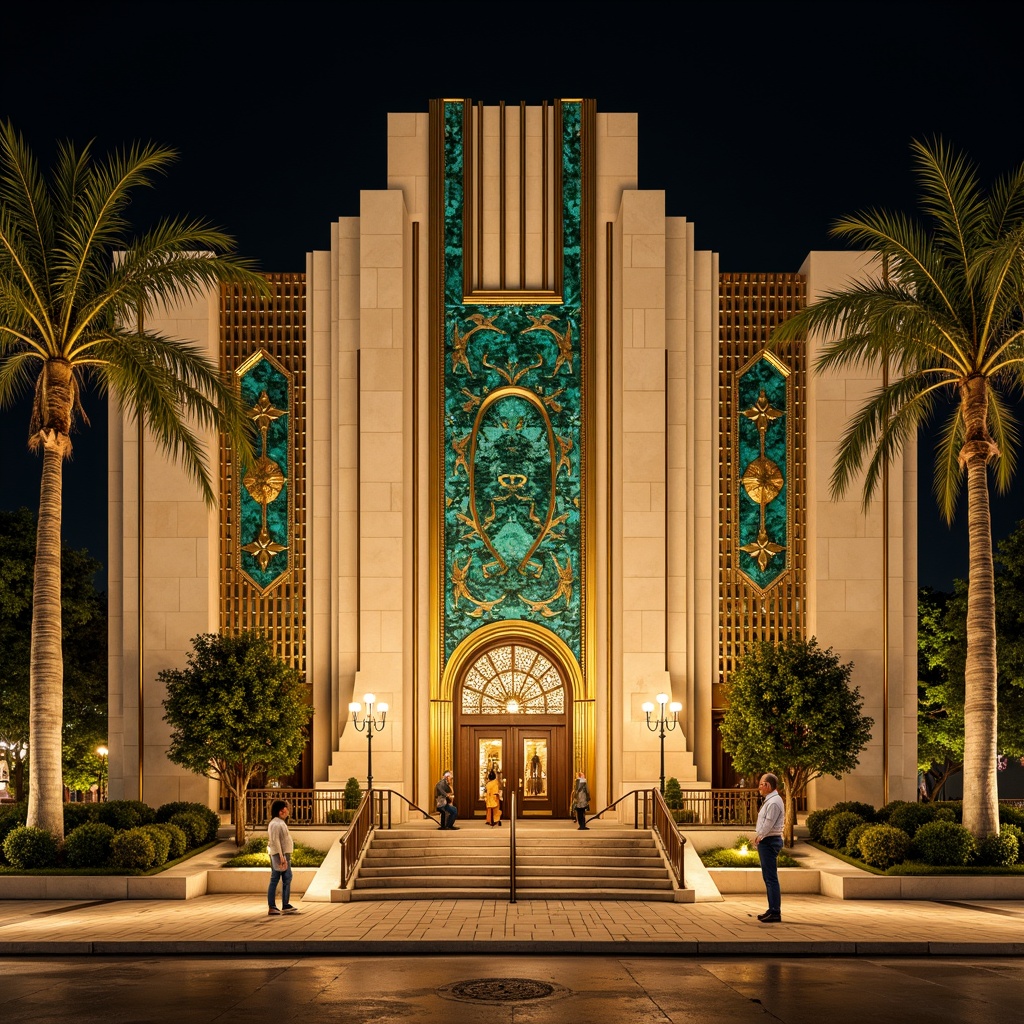 Prompt: Opulent Art Deco monument, lavish gold accents, rich bronze tones, luxurious marble surfaces, vibrant turquoise mosaics, bold geometric patterns, ornate metalwork details, sunburst motifs, stylized floral designs, metallic silver highlights, creamy ivory hues, warm beige stone textures, dramatic nighttime illumination, soft golden lighting, shallow depth of field, 1/1 composition, symmetrical framing, high-contrast rendering.