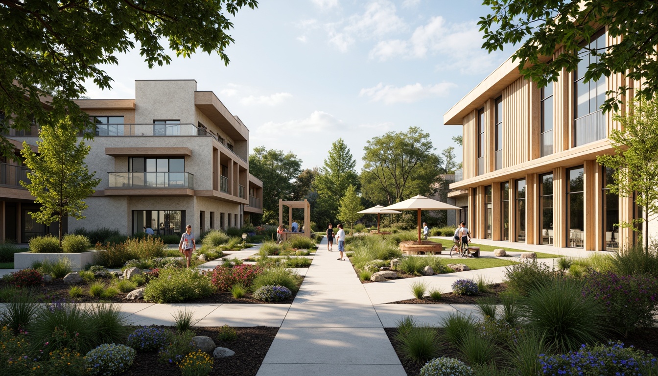 Prompt: Eco-friendly gymnasium, lush green roofs, native plant species, rainwater harvesting systems, permeable pavers, outdoor fitness areas, recycled rubber mulch, solar-powered lighting, natural stone walls, reclaimed wood accents, modern minimalist architecture, large windows, clerestory windows, soft warm lighting, shallow depth of field, 3/4 composition, panoramic view, realistic textures, ambient occlusion.