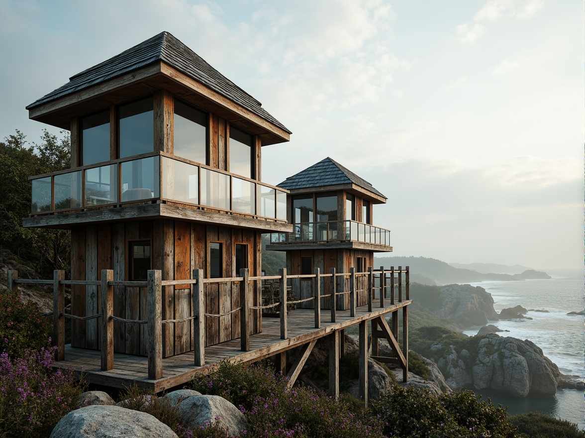 Prompt: Weathered wooden towers, rustic coastal look, driftwood accents, nautical rope details, ocean-inspired color palette, sea-salt weathering effects, durable metal railings, glass-enclosed observation decks, panoramic ocean views, misty morning atmosphere, soft warm lighting, shallow depth of field, 3/4 composition, realistic textures, ambient occlusion.