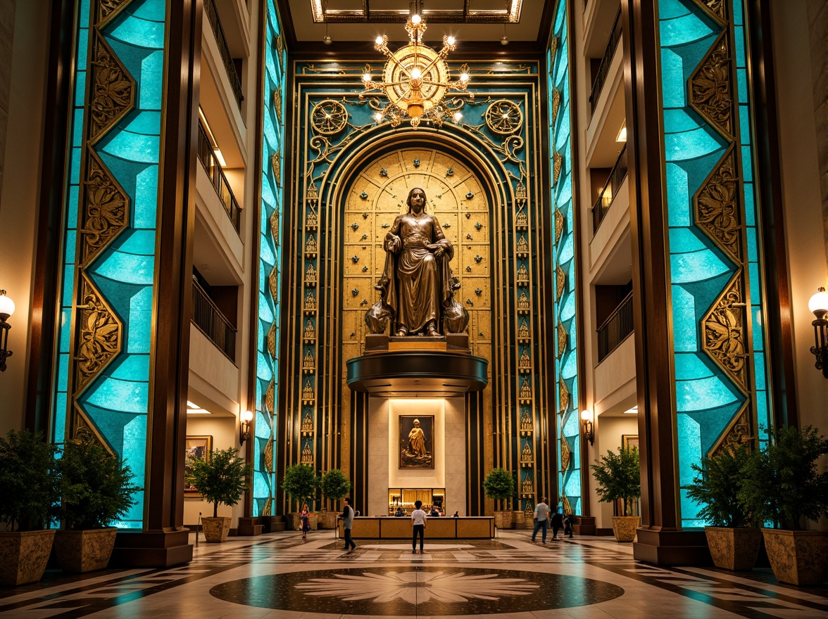 Prompt: Opulent Art Deco monument, lavish golden accents, rich bronze tones, vibrant turquoise mosaics, geometric patterns, ornate metalwork, luxurious marble surfaces, bold black outlines, stylized floral motifs, sunburst designs, zigzag patterns, metallic sheen, warm ambient lighting, shallow depth of field, 1/1 composition, symmetrical framing, high-contrast colors, intricate textures, realistic reflections.