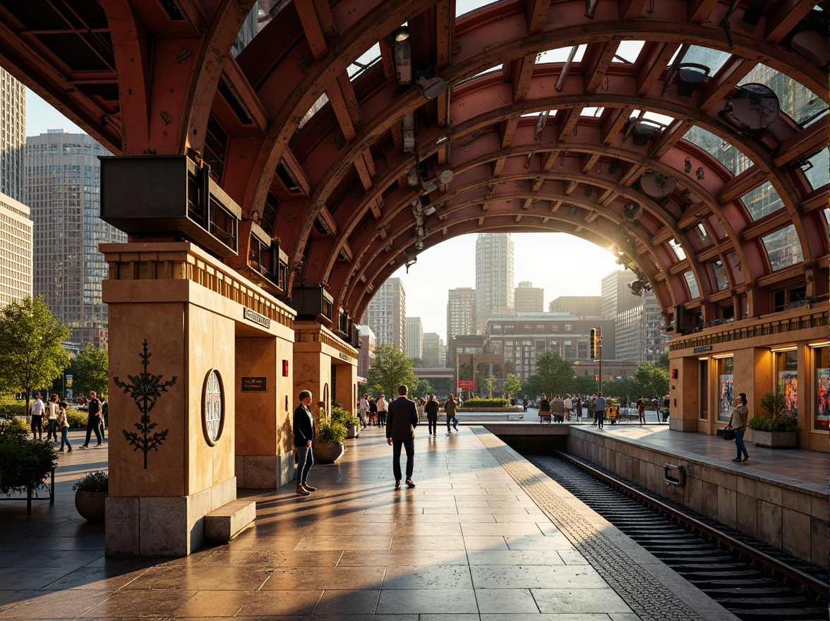 Prompt: Vibrant metro station, eclectic mix of materials, industrial steel beams, polished concrete floors, reclaimed wood accents, colorful ceramic tiles, ornate metalwork, intricate mosaics, futuristic LED lighting, dynamic curves, angular lines, brutalist architecture, urban cityscape, rush hour atmosphere, warm golden lighting, shallow depth of field, 1/1 composition, realistic textures, ambient occlusion.