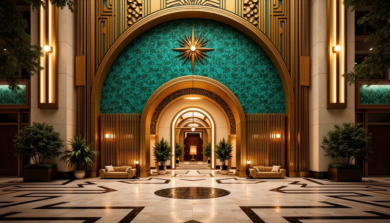 Prompt: Opulent Art Deco monument, lavish golden accents, rich bronze tones, vibrant turquoise mosaics, geometric patterns, ornate metalwork, luxurious marble surfaces, bold black outlines, stylized floral motifs, sunburst designs, zigzag patterns, metallic sheen, warm ambient lighting, shallow depth of field, 1/1 composition, symmetrical framing, high-contrast colors, intricate textures, realistic reflections.