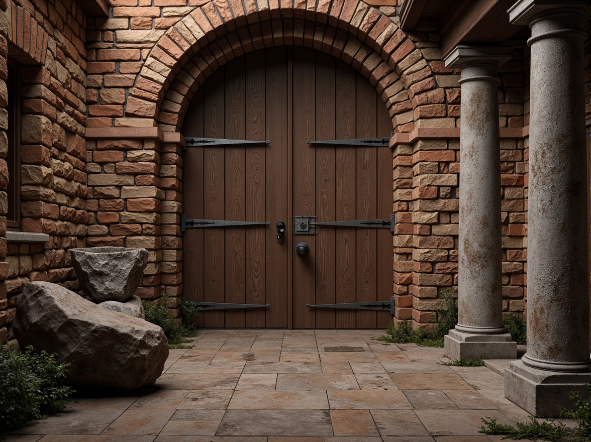 Prompt: Rustic stone walls, weathered wooden planks, rough-hewn granite columns, ornate metalwork, intricate tile patterns, tactile brick facades, natural rock formations, earthy tones, organic shapes, dramatic shadows, warm ambient lighting, high-contrast textures, realistic materiality, 1/1 composition, shallow depth of field, atmospheric perspective.