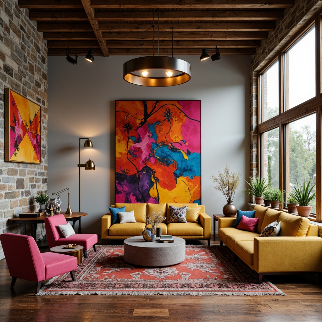 Prompt: Vibrant artistic studio, eclectic furniture, bold color blocking, contrasting textures, abstract artwork, statement lighting fixtures, industrial metal accents, reclaimed wood floors, bohemian-inspired rugs, natural stone walls, oversized windows, soft warm glow, shallow depth of field, 1/1 composition, realistic renderings, ambient occlusion.