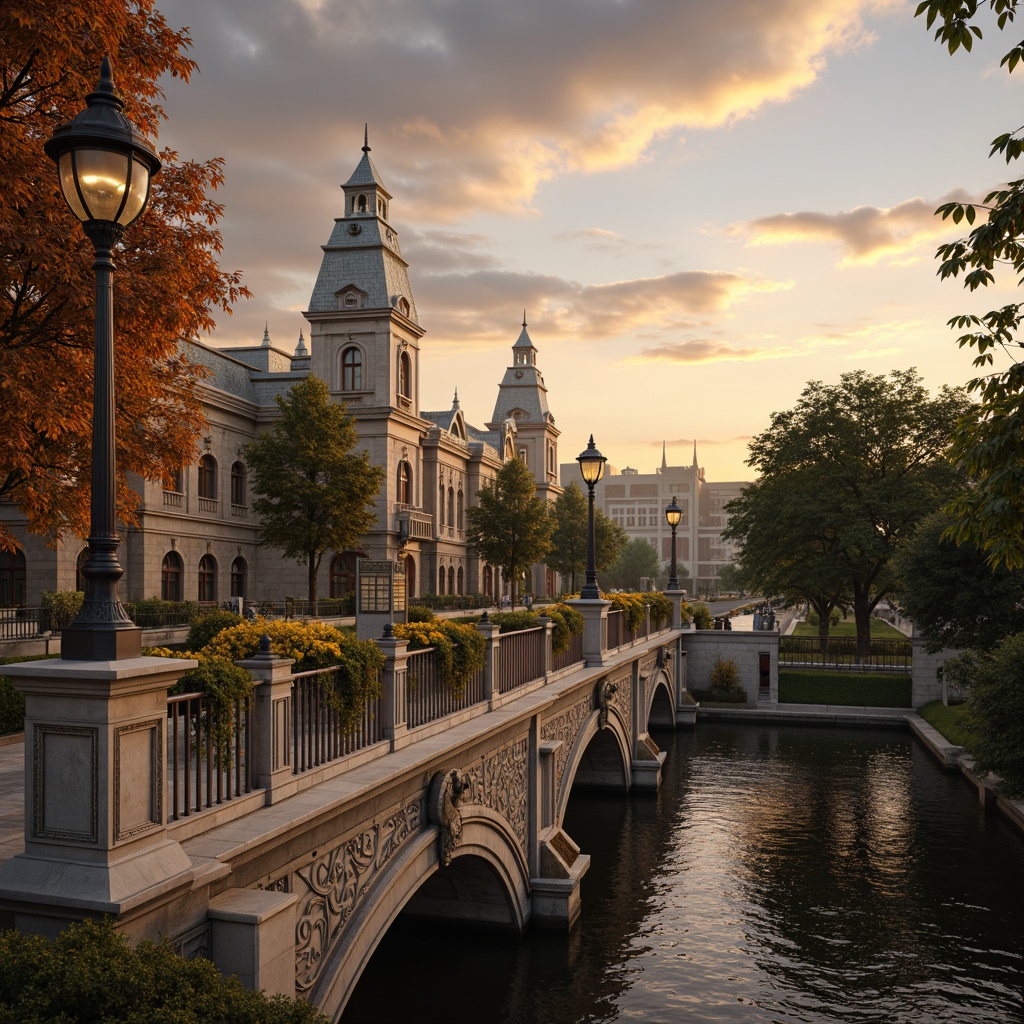 Prompt: Ornate bridge balustrades, grandiose arches, intricate stone carvings, ornamental lamp posts, majestic river views, dramatic sunset lighting, warm golden stone textures, elegant curved lines, lavish decorations, gilded accents, Rococo-inspired ornaments, flowing water patterns, lush greenery, vibrant flower arrangements, soft misty atmosphere, shallow depth of field, 1/2 composition, symmetrical framing, realistic reflections.