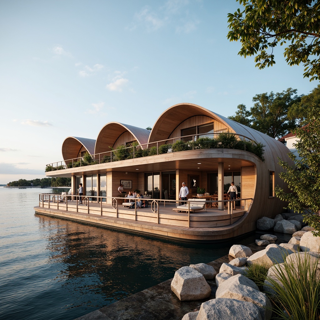 Prompt: Waterfront boathouse, international style, curved rooflines, wooden accents, nautical elements, sailboat-inspired design, ocean views, seaside atmosphere, rustic wood decking, rope railings, porthole windows, copper roofing, greenery overhangs, natural stone foundations, modern minimalist interior, large skylights, soft warm lighting, shallow depth of field, 1/1 composition, realistic textures, ambient occlusion.