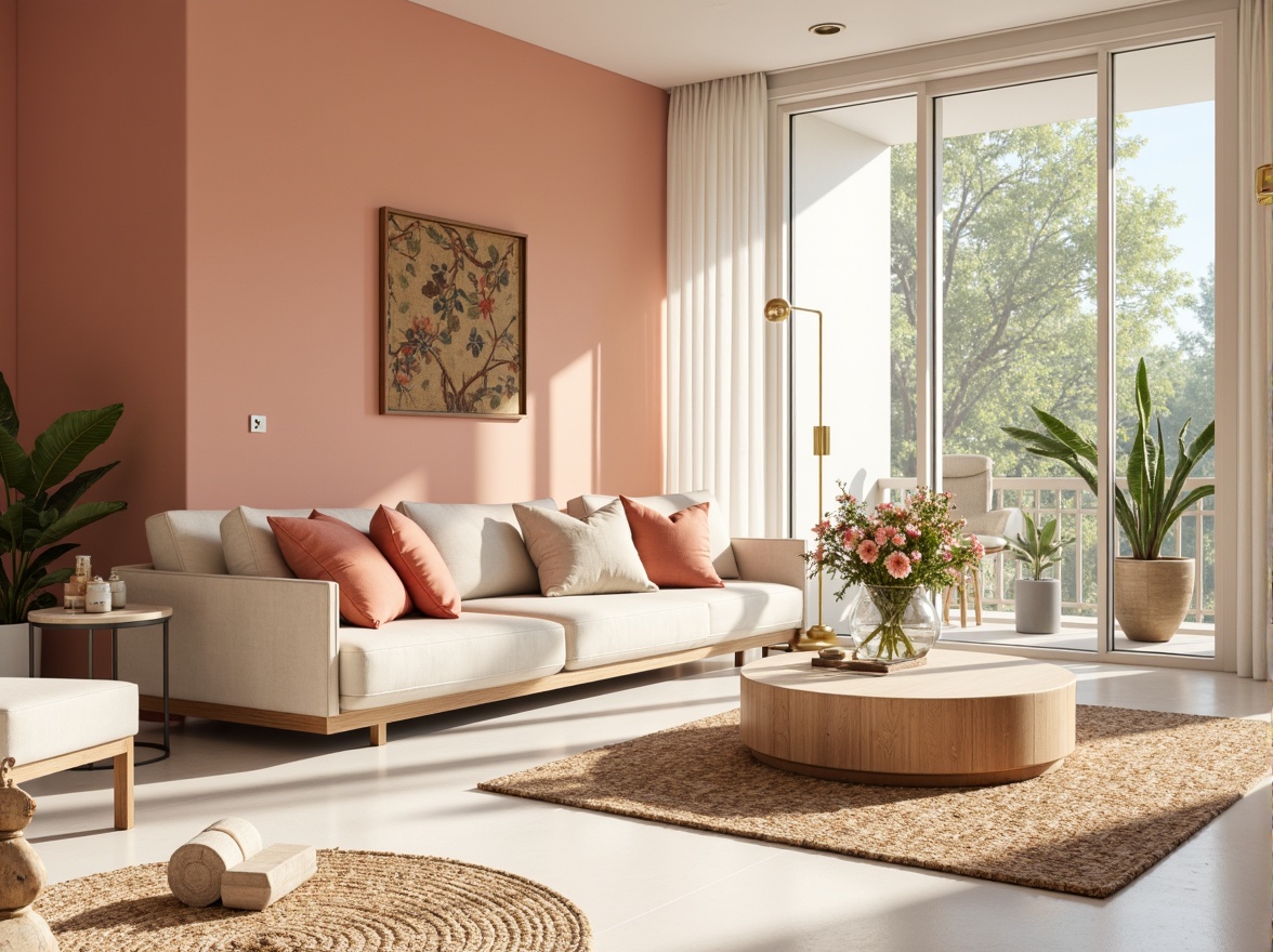 Prompt: Vibrant modern interior, pastel color scheme, soft peach tones, creamy whites, rich wood accents, metallic gold fixtures, natural textiles, plush area rugs, floor-to-ceiling windows, abundant sunlight, warm cozy ambiance, 1/1 composition, shallow depth of field, realistic renderings, ambient occlusion.