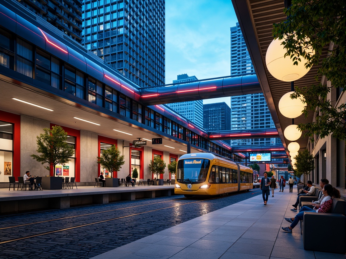 Prompt: Vibrant tram station, modern architecture, sleek metal beams, glass roofs, LED light installations, futuristic ambiance, dynamic color schemes, neon signs, urban cityscape, busy pedestrian traffic, rush hour atmosphere, soft warm lighting, shallow depth of field, 1/1 composition, realistic textures, ambient occlusion, suspended ceiling lights, linear fluorescent lamps, circular pendant lights, geometric patterned flooring, polished metal handrails, comfortable seating areas.