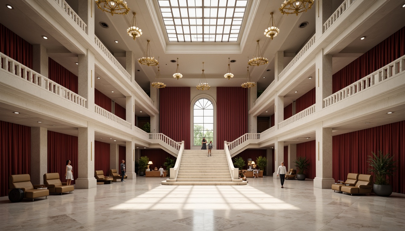 Prompt: Elegant opera house, minimalist architecture, neutral color palette, creamy whites, soft grays, rich blacks, subtle gold accents, ornate details, grand chandeliers, sweeping staircases, luxurious red velvet curtains, polished marble floors, dramatic spotlights, warm ambient lighting, shallow depth of field, 1/1 composition, symmetrical framing, realistic textures, subtle reflections.