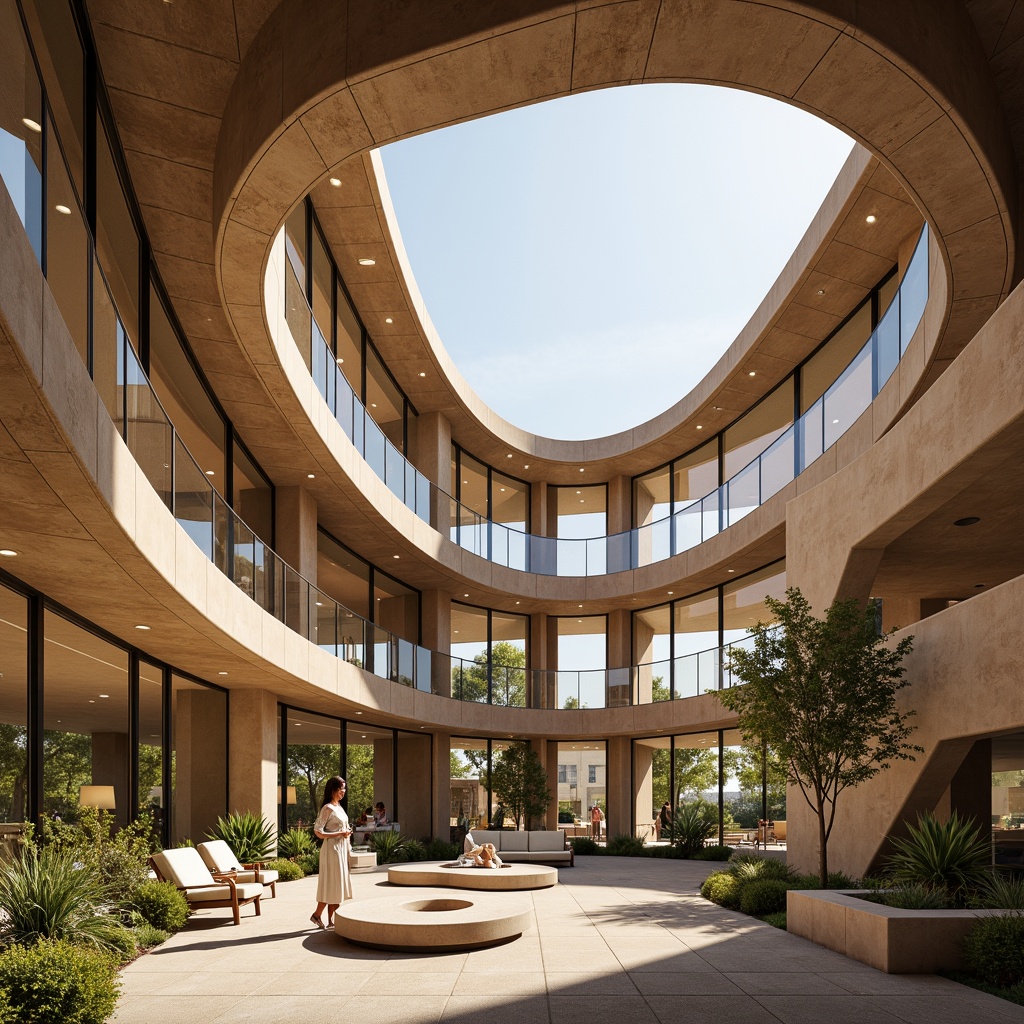 Prompt: Organic architecture, undulating curves, natural materials, earthy tones, transparent glass facades, minimalist ornamentation, seamless connections, fluid interior spaces, abundant natural light, soft diffused shadows, warm ambient lighting, 3/4 composition, shallow depth of field, realistic textures, ambient occlusion.