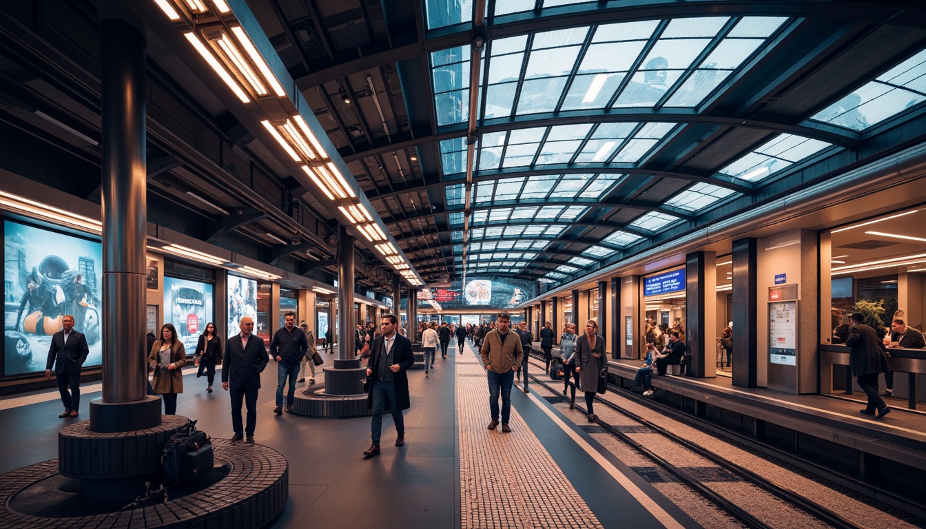 Prompt: Vibrant tram station, modern architecture, sleek metal beams, glass roofs, LED light installations, futuristic ambiance, dynamic color schemes, neon signs, urban cityscape, busy pedestrian traffic, rush hour atmosphere, soft warm lighting, shallow depth of field, 1/1 composition, realistic textures, ambient occlusion, suspended ceiling lights, linear fluorescent lamps, circular pendant lights, geometric patterned flooring, polished metal handrails, comfortable seating areas.