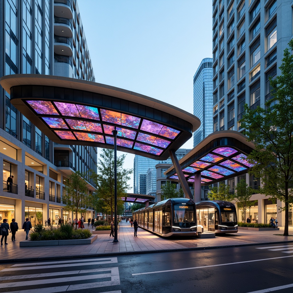 Prompt: Futuristic tram station, curved glass facade, dynamic LED lighting, sleek metal frames, cantilevered roofs, green walls, urban landscape, busy streets, modern architecture, angular lines, minimalist design, sustainable energy solutions, solar panels, wind turbines, water conservation systems, eco-friendly materials, innovative cooling technologies, shaded outdoor spaces, misting systems, vibrant colorful textiles, intricate geometric motifs, panoramic view, realistic textures, ambient occlusion.