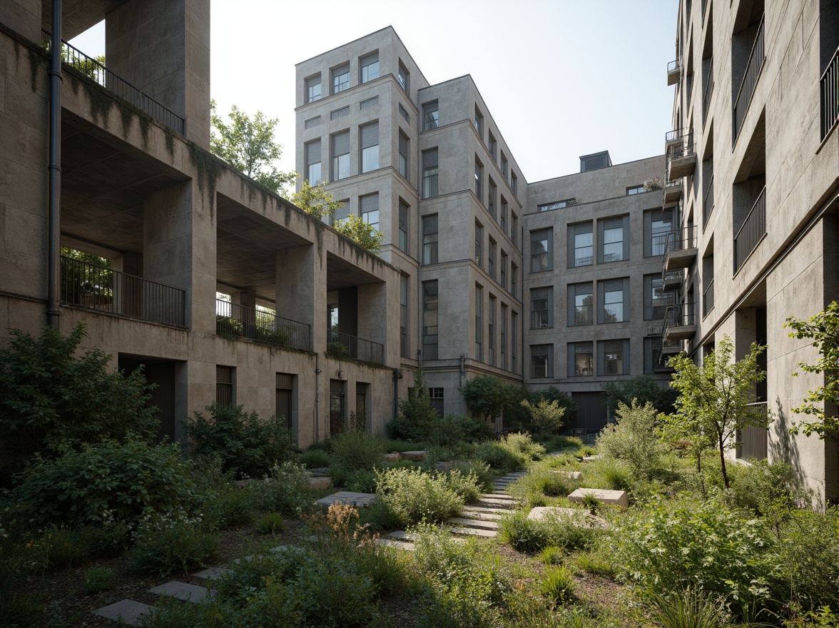 Prompt: Rugged brutalist buildings, raw concrete textures, fortress-like structures, overgrown vegetation, wildflowers, moss-covered walls, industrial landscapes, abandoned factories, crumbling infrastructure, distressed metal accents, exposed ductwork, brutalist sculptures, harsh natural lighting, dramatic shadows, 3/4 composition, low-angle shot, gritty realistic renderings, ambient occlusion.