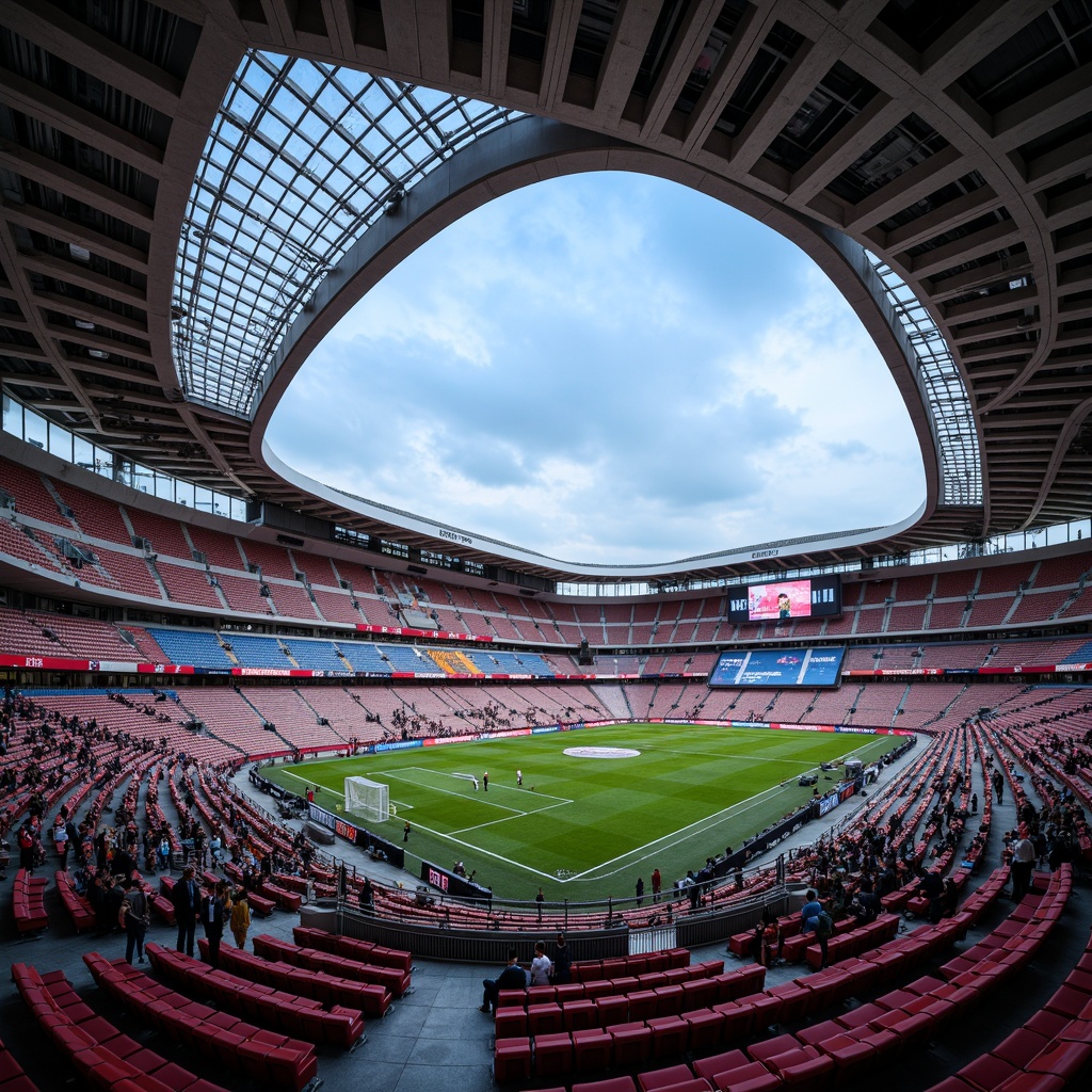 Prompt: Modern soccer stadium interior, sleek curved lines, vibrant team colors, polished concrete floors, retractable seating, state-of-the-art scoreboards, LED lighting systems, spacious concourses, food and beverage vendors, souvenir shops, VIP lounges, luxurious suites, panoramic views of the pitch, natural light pouring in through skylights, dynamic architectural design, futuristic ambiance, high-tech audio systems, energetic atmosphere, dramatic spotlights, shallow depth of field, 1/2 composition, realistic textures, ambient occlusion.