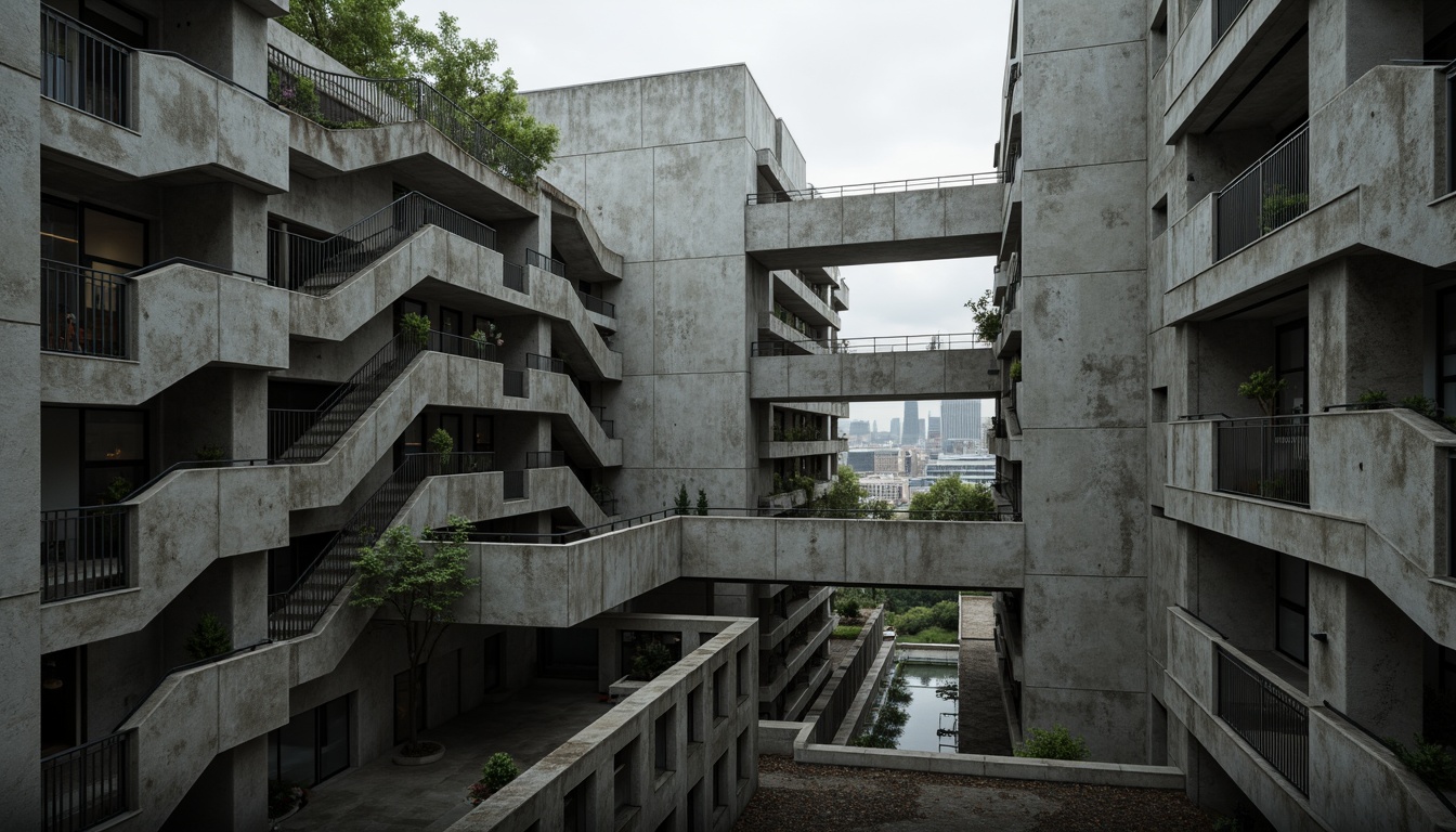 Prompt: Rugged concrete structures, brutalist architecture, fortress-like buildings, raw unfinished surfaces, exposed ductwork, industrial pipes, metallic beams, reinforced columns, angular lines, geometric shapes, urban cityscape, overcast skies, dramatic shadows, high-contrast lighting, cinematic composition, 2.35