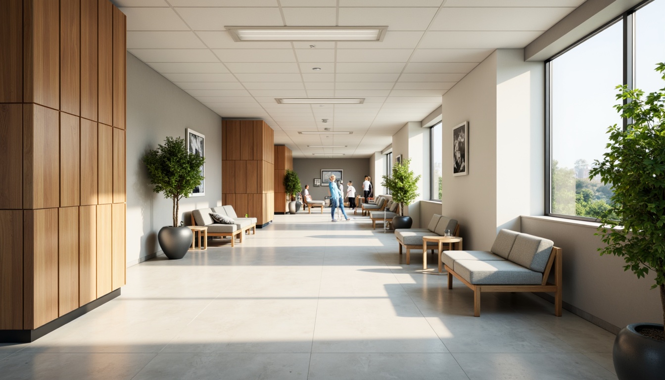 Prompt: Soothing hospital corridors, calming color schemes, natural wood accents, comfortable waiting areas, ergonomic seating, gentle lighting, acoustic panels, minimalist decor, functional nurse stations, private patient rooms, large windows, abundant natural light, soft flooring, warm textures, peaceful artwork, serene atmosphere, shallow depth of field, 1/1 composition, realistic renderings, ambient occlusion.