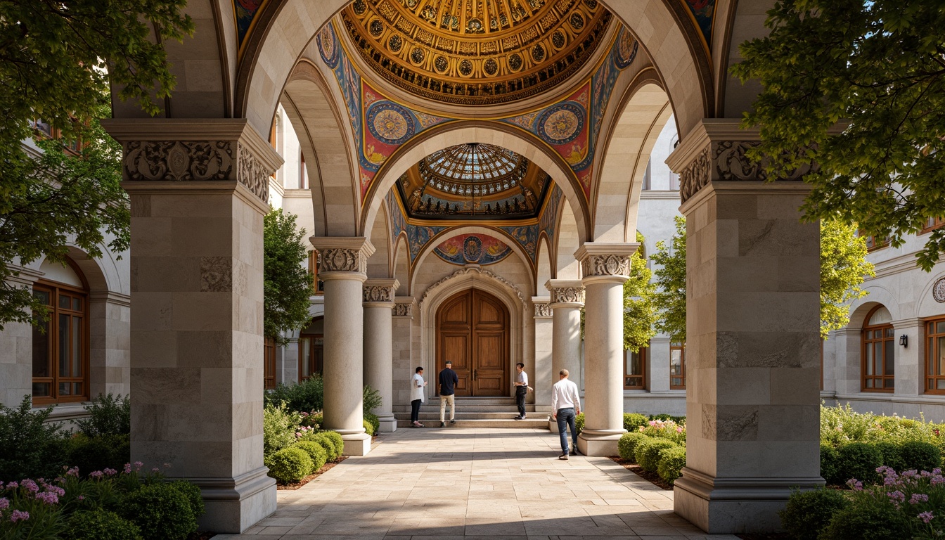 Prompt: Intricate stone carvings, ornate golden domes, majestic archways, grand entrance gates, rustic wooden doors, vibrant mosaic patterns, richly textured stonework, Byzantine-inspired frescoes, serene courtyard gardens, tranquil fountain features, soft warm lighting, shallow depth of field, 3/4 composition, panoramic view, realistic textures, ambient occlusion.