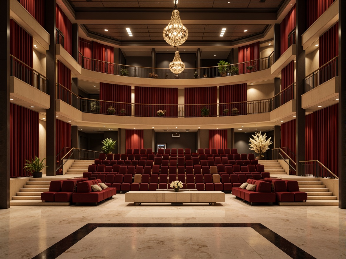 Prompt: Simple opera house interior, minimalist decor, neutral color palette, sleek lines, marble floors, grand staircase, luxurious chandeliers, velvet curtains, intimate seating areas, low-key lighting, subtle textures, elegant balconies, ornate railings, refined acoustic panels, sophisticated sound systems, dramatic spotlights, 1/1 composition, shallow depth of field, soft warm glow, realistic reflections.