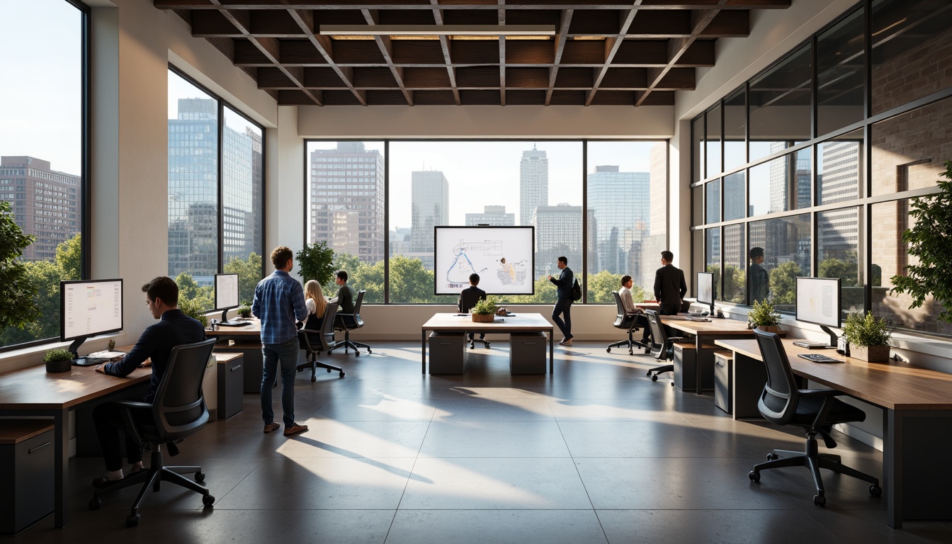 Prompt: Functional office space, modern minimalist decor, sleek metal desks, ergonomic chairs, collaborative workstations, interactive whiteboards, floor-to-ceiling windows, natural light, urban cityscape views, 3/4 composition, shallow depth of field, soft warm lighting, realistic textures, ambient occlusion.