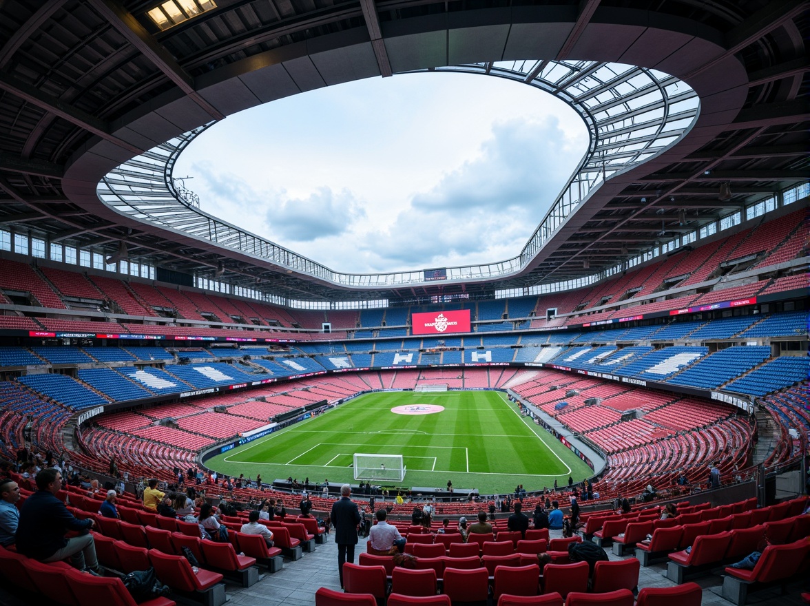 Prompt: Modern soccer stadium interior, sleek curved lines, vibrant team colors, polished concrete floors, retractable seating, state-of-the-art scoreboards, LED lighting systems, spacious concourses, food and beverage vendors, souvenir shops, VIP lounges, luxurious suites, panoramic views of the pitch, natural light pouring in through skylights, dynamic architectural design, futuristic ambiance, high-tech audio systems, energetic atmosphere, dramatic spotlights, shallow depth of field, 1/2 composition, realistic textures, ambient occlusion.