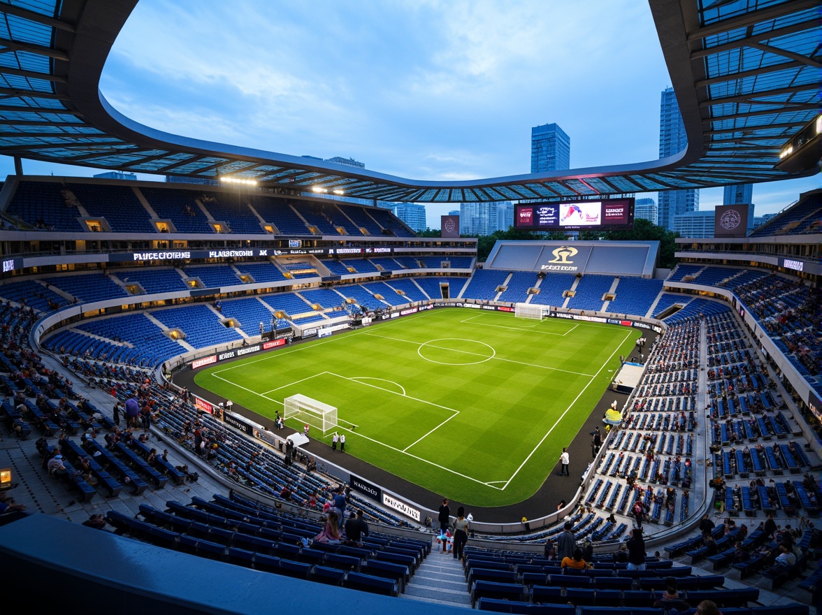 Prompt: Sleek soccer stadium, modernist architecture, curved lines, dynamic shapes, cantilevered roofs, transparent glass facades, metallic cladding, bold color schemes, geometric patterns, asymmetrical compositions, floodlighting, dramatic shadows, urban landscape, bustling cityscape, vibrant atmosphere, energetic crowds, green grass pitches, goalposts, stadium seating, VIP lounges, modern amenities, futuristic design elements, abstract sculptures, LED lighting systems, 3/4 composition, low-angle shot, cinematic lighting.