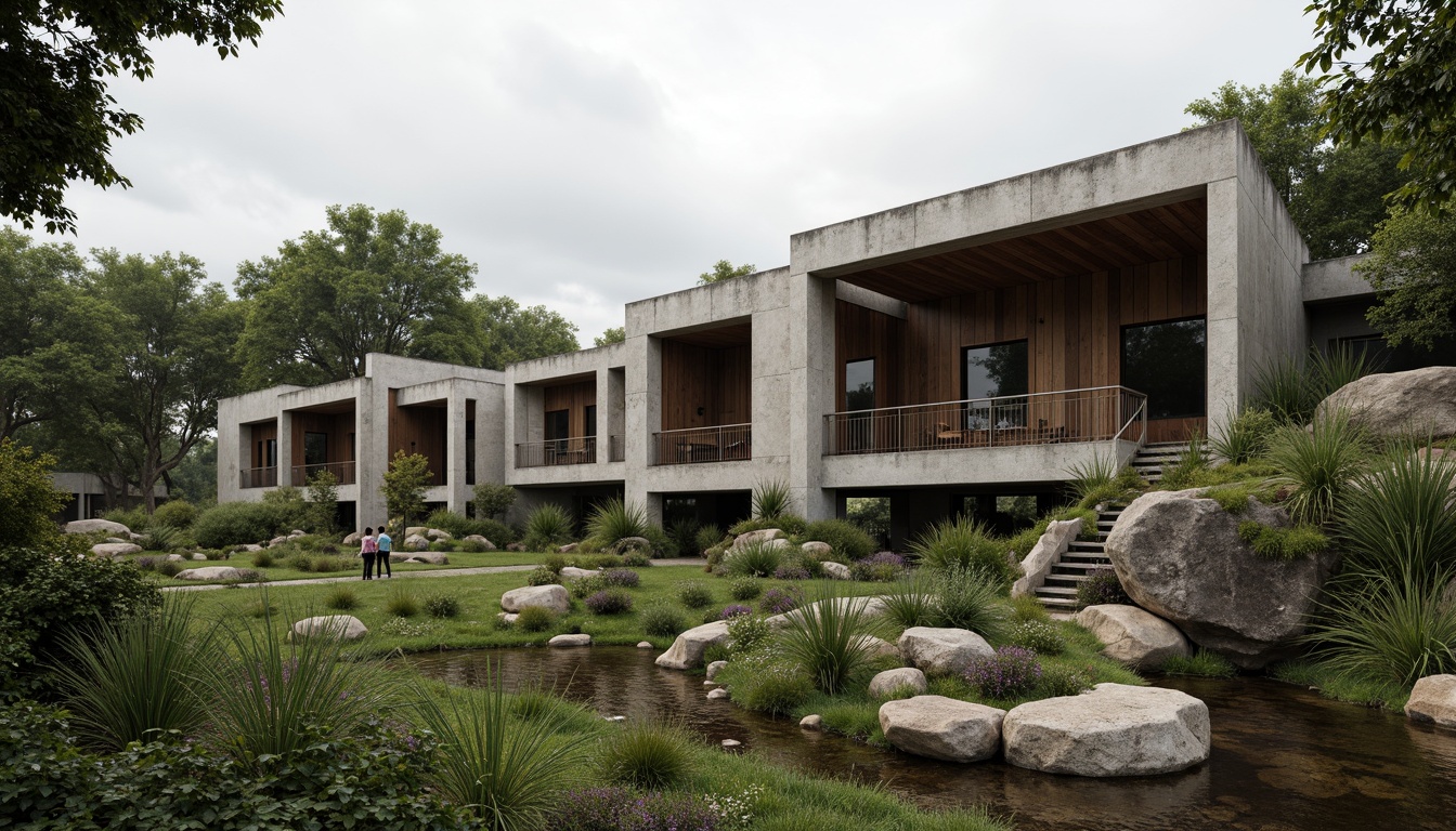 Prompt: Rugged pavilion, brutalist architecture, raw concrete structures, industrial materials, bold geometric forms, dramatic cantilevers, lush greenery, native plants, wildflowers, meandering pathways, weathered stone walls, reclaimed wood accents, naturalistic water features, organic shapes, earthy color palette, overcast sky, soft diffused lighting, atmospheric perspective, 1/2 composition, cinematic framing, high-contrast textures, ambient occlusion.