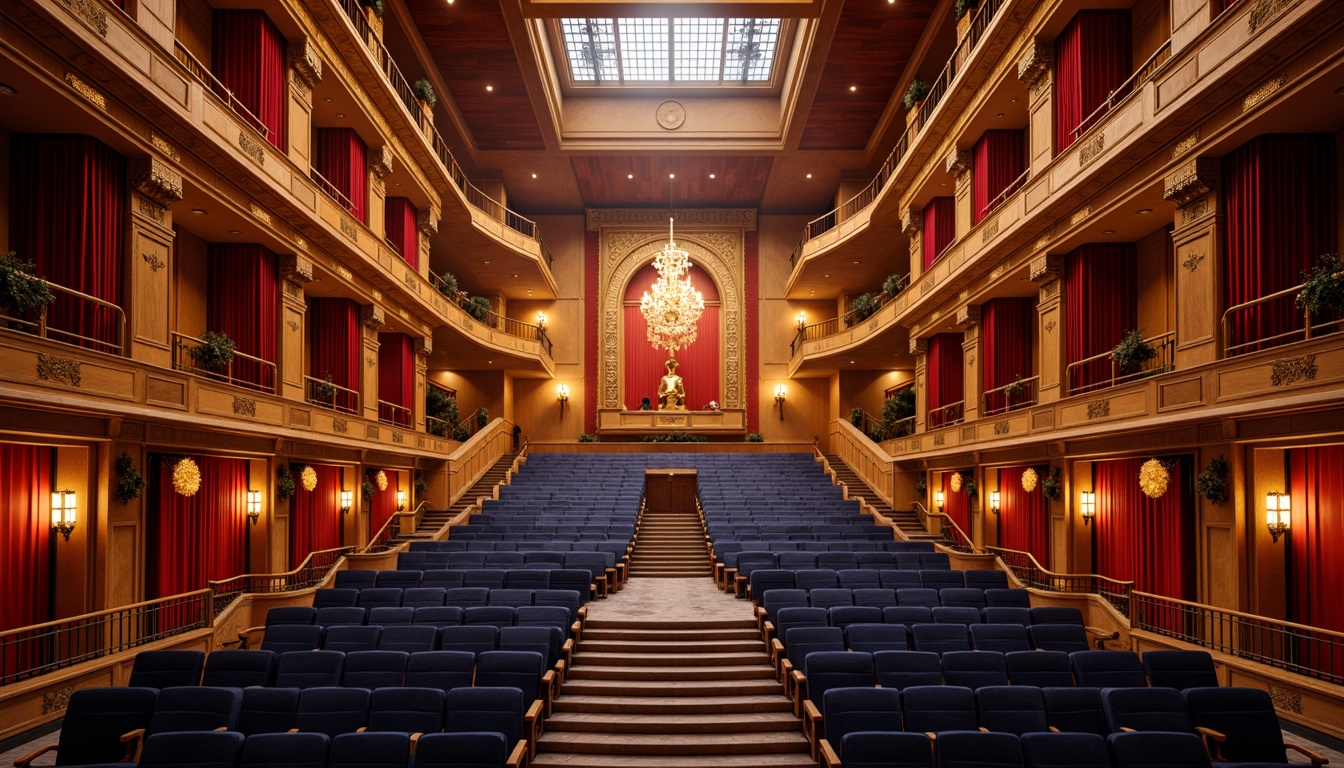 Prompt: Vibrant concert hall, rich wood tones, warm golden lighting, bold red accents, deep blue seats, polished metal fixtures, luxurious velvet curtains, ornate chandeliers, grand staircase, opulent balconies, lavish box seats, dramatic spotlights, soft warm glow, shallow depth of field, 1/1 composition, realistic textures, ambient occlusion.