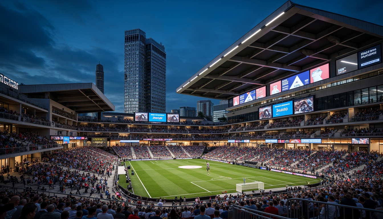 Prompt: Modernist stadium, sleek metal fa\u00e7ade, cantilevered roofs, angular lines, minimalist design, exposed concrete structures, industrial-style lighting, polished steel handrails, glass balustrades, vibrant colorful seats, dynamic LED scoreboards, futuristic digital signage, sustainable energy-efficient systems, solar panels, wind turbines, water conservation systems, green roofs, eco-friendly materials, innovative cooling technologies, shaded outdoor concourses, misting systems, urban cityscape backdrop, dramatic nighttime lighting, shallow depth of field, 3/4 composition, panoramic view, realistic textures, ambient occlusion.