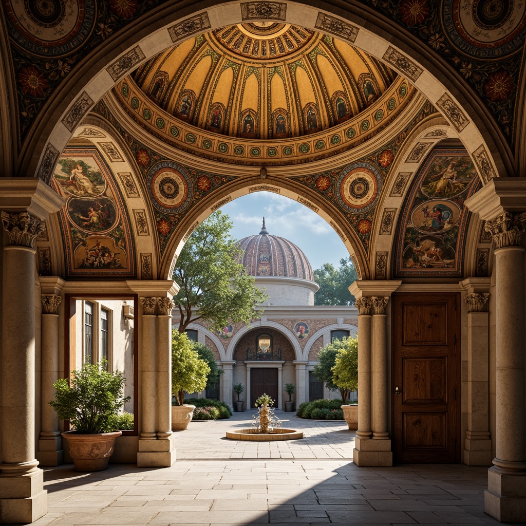 Prompt: Intricate stone carvings, ornate golden domes, majestic archways, grand entrance gates, rustic wooden doors, vibrant mosaic patterns, richly textured stonework, Byzantine-inspired frescoes, serene courtyard gardens, tranquil fountain features, soft warm lighting, shallow depth of field, 3/4 composition, panoramic view, realistic textures, ambient occlusion.