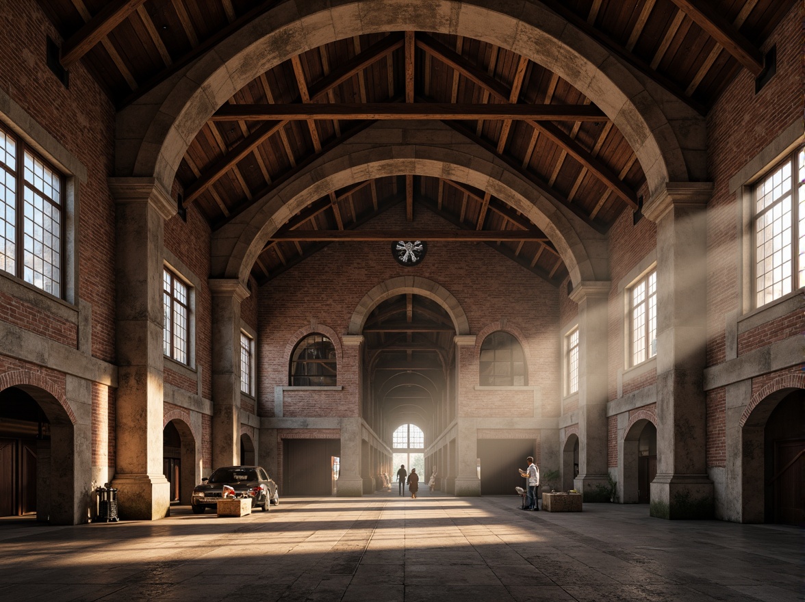 Prompt: Rustic warehouse interior, exposed brick walls, vaulted ceilings, Romanesque arches, industrial metal beams, reclaimed wood accents, earthy color palette, warm soft lighting, shallow depth of field, 1/1 composition, realistic textures, ambient occlusion, atmospheric mist, dramatic shadows, ancient-inspired carvings, ornate stone details, grandiose scale, mysterious ambiance.