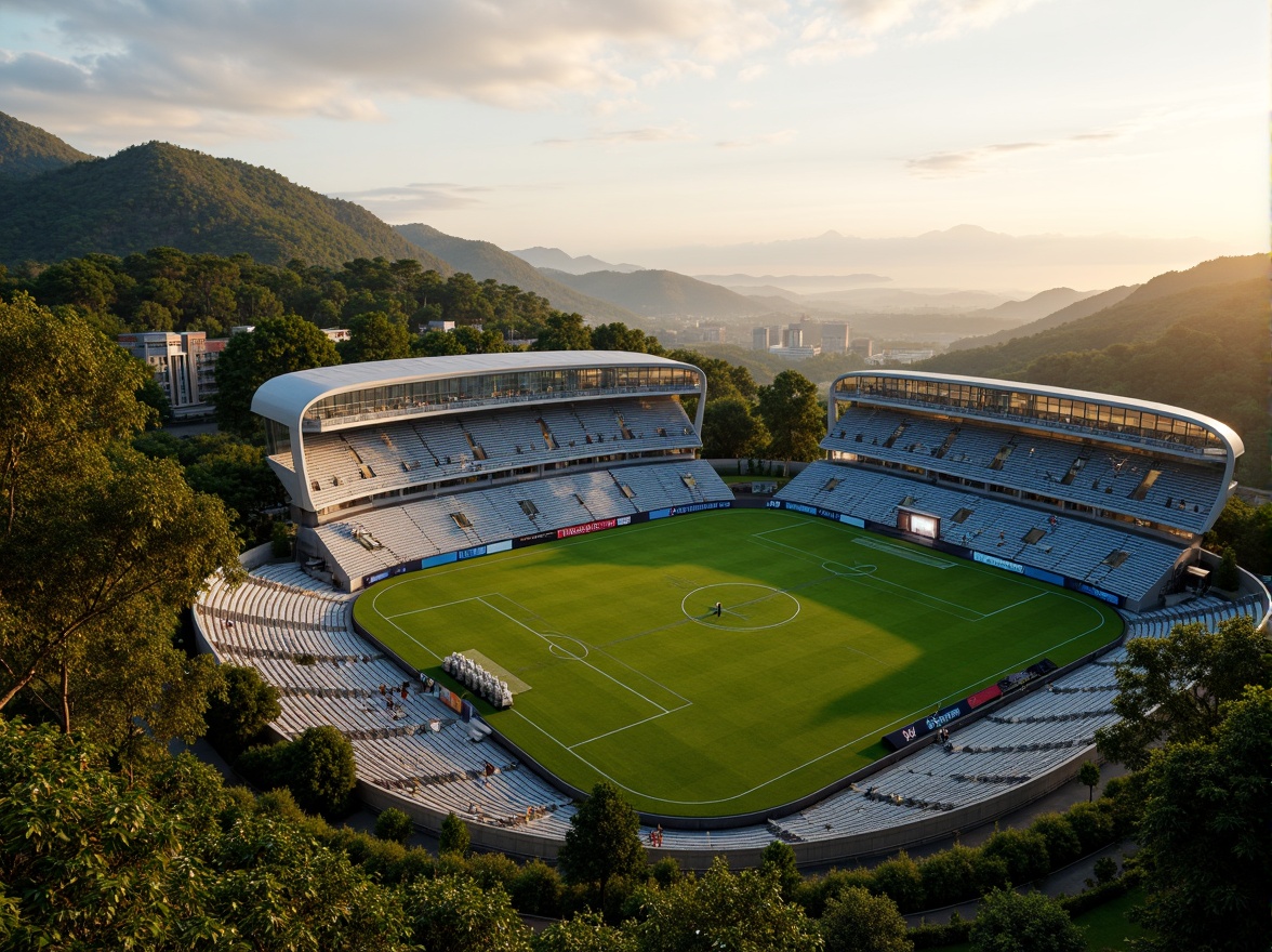 Prompt: Panoramic stadium views, lush greenery, rolling hills, natural stone seating areas, curved lines, modern architecture, cantilevered roofs, transparent glass facades, vibrant LED lighting, dynamic shadows, 3/4 composition, shallow depth of field, realistic textures, ambient occlusion, integrated landscape design, eco-friendly materials, sustainable energy solutions, rainwater harvesting systems, green roofs, native plant species, meandering walkways, scenic overlooks, dramatic sunsets, warm golden lighting.