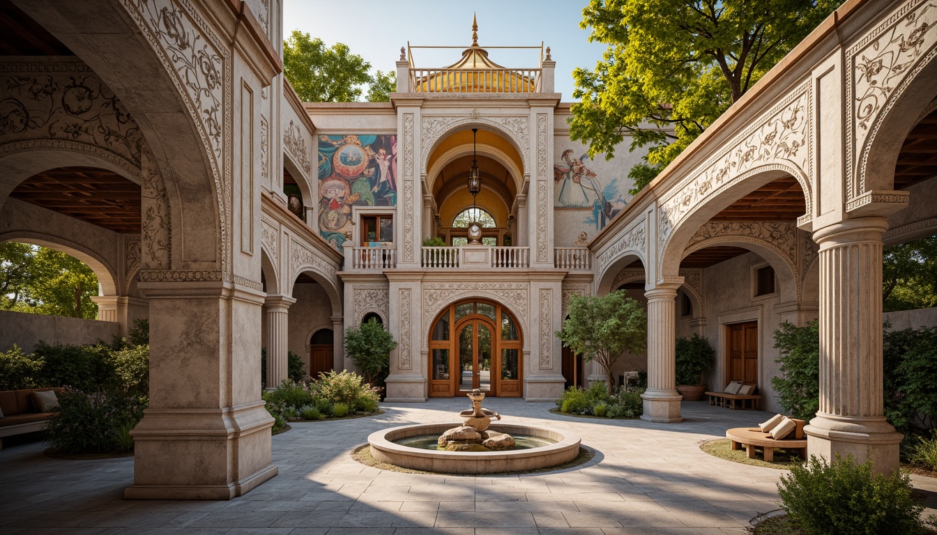 Prompt: Intricate stone carvings, ornate golden domes, majestic archways, grand entrance gates, rustic wooden doors, vibrant mosaic patterns, richly textured stonework, Byzantine-inspired frescoes, serene courtyard gardens, tranquil fountain features, soft warm lighting, shallow depth of field, 3/4 composition, panoramic view, realistic textures, ambient occlusion.