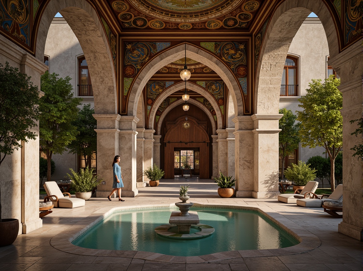 Prompt: Intricate stone carvings, ornate arches, grand domes, golden mosaics, vibrant frescoes, rustic brick walls, weathered wooden doors, ornamental ironwork, mystical symbols, serene courtyard, lush greenery, tranquil fountain, soft warm lighting, shallow depth of field, 3/4 composition, panoramic view, realistic textures, ambient occlusion.